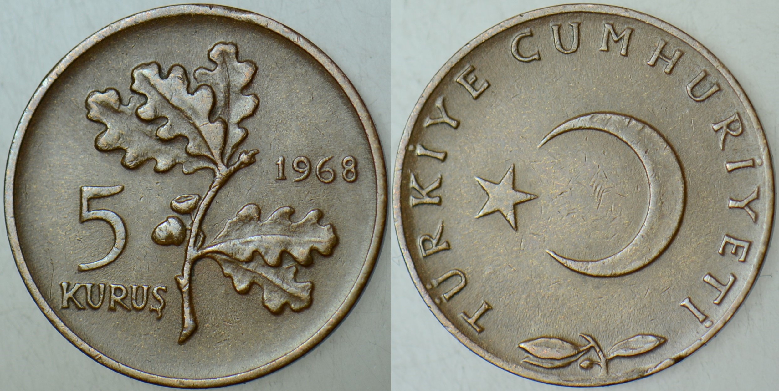 TÜRKİYE CUMHURİYETİ 5 KURUŞ 1968.
