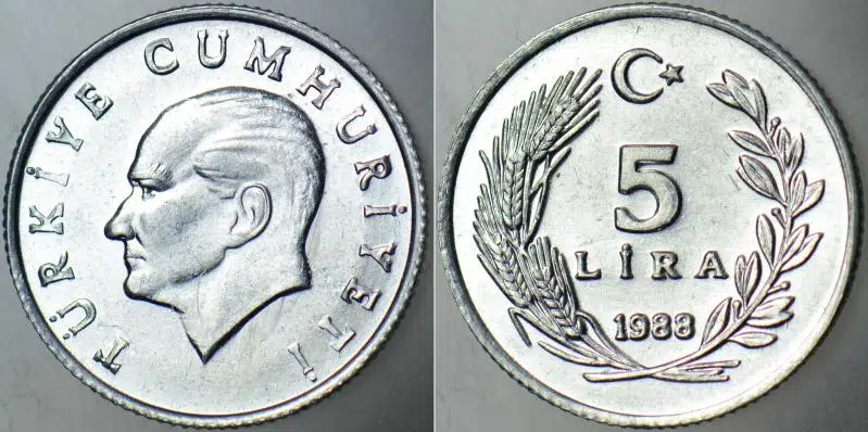 TÜRKİYE CUMHURİYETİ 5 LİRA 1988 ÇİL KONDİSYON. 75.000 ADET BASILMIŞTIR. NADİR.