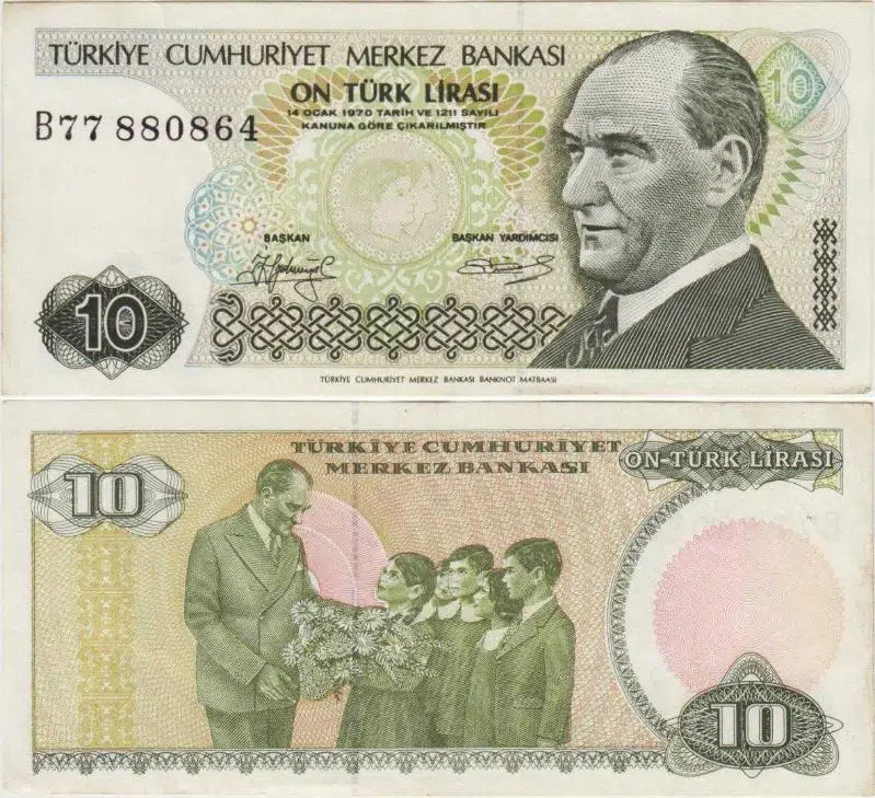 TÜRKİYE CUMHURİYETİ 7. EMİSYON 1. TERTİP 10 LİRA B77. ÇOK ÇOK TEMİZ+++ KONDİSYON.