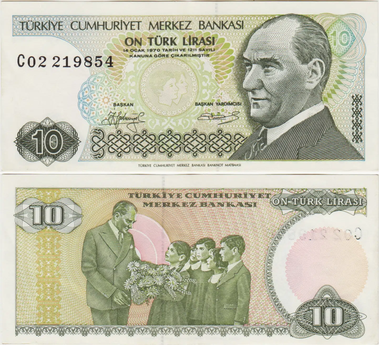 TÜRKİYE CUMHURİYETİ 7. EMİSYON 1. TERTİP 10 LİRA C02 UZUN KAŞ. ÇİLALTI(-) KONDİSYON.