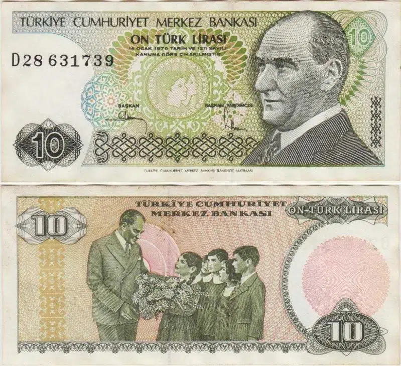 TÜRKİYE CUMHURİYETİ 7. EMİSYON 2. TERTİP 10 LİRA. SERİ D28. DALGALI ÇİLALTI KONDİSYON.