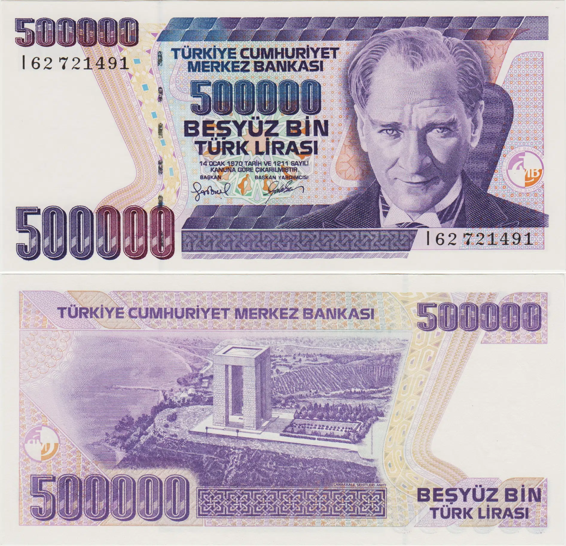 TÜRKİYE CUMHURİYETİ 7. EMİSYON 4. TERTİP 500.000 LİRA I62 ÇİLALTI KONDİSYON.