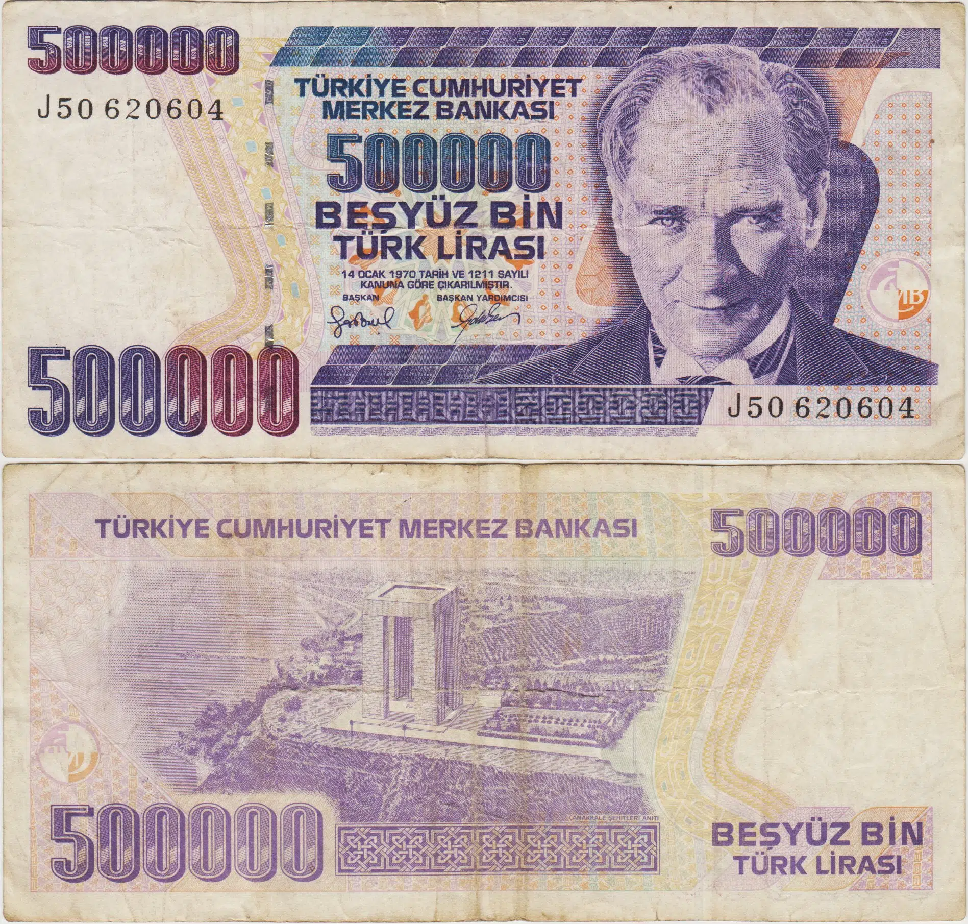 TÜRKİYE CUMHURİYETİ 7. EMİSYON 4. TERTİP 500.000 LİRA J50 ÇOK TEMİZ(-)