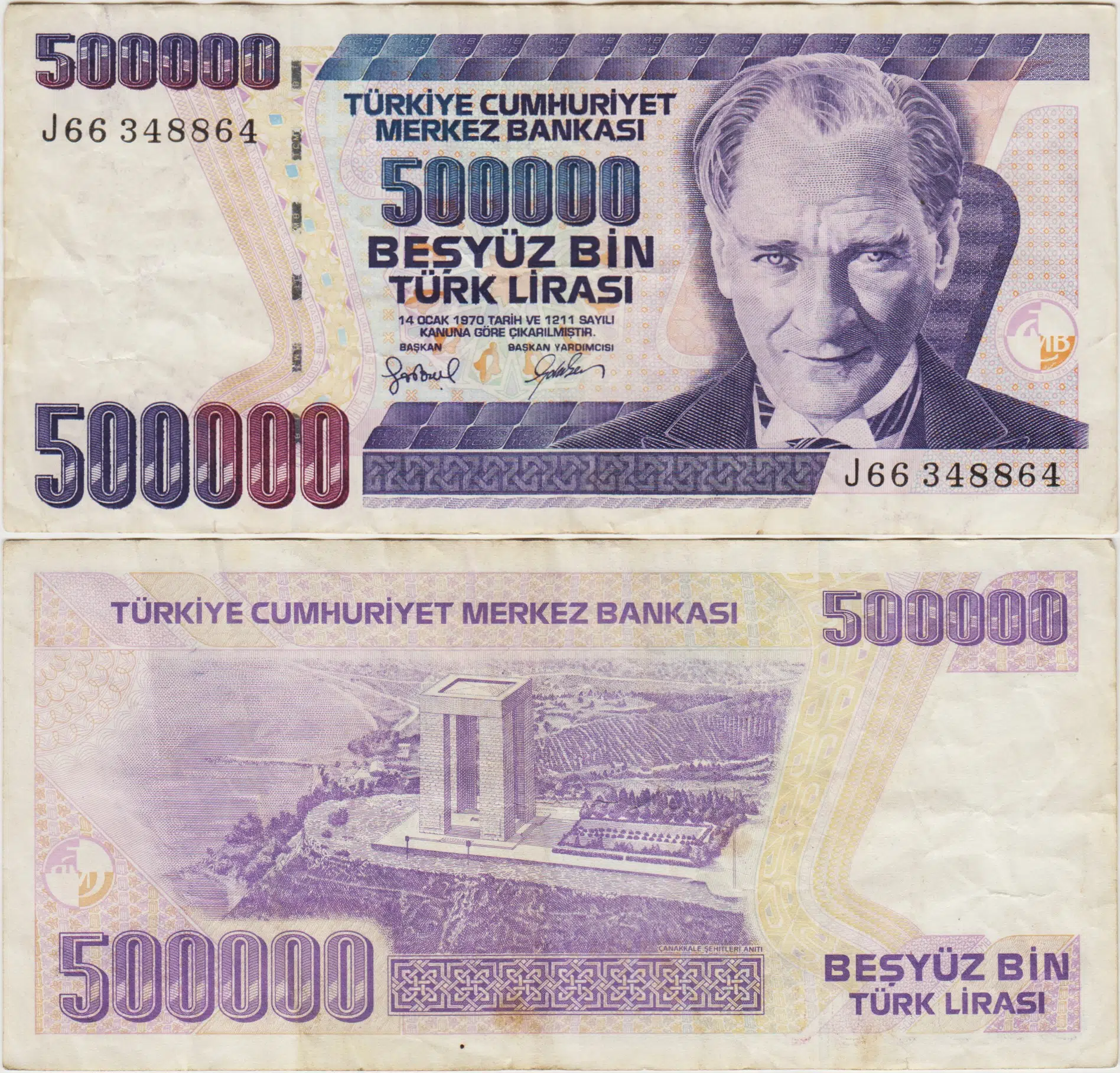 TÜRKİYE CUMHURİYETİ 7. EMİSYON 4. TERTİP 500.000 LİRA J66 ÇOK TEMİZ+