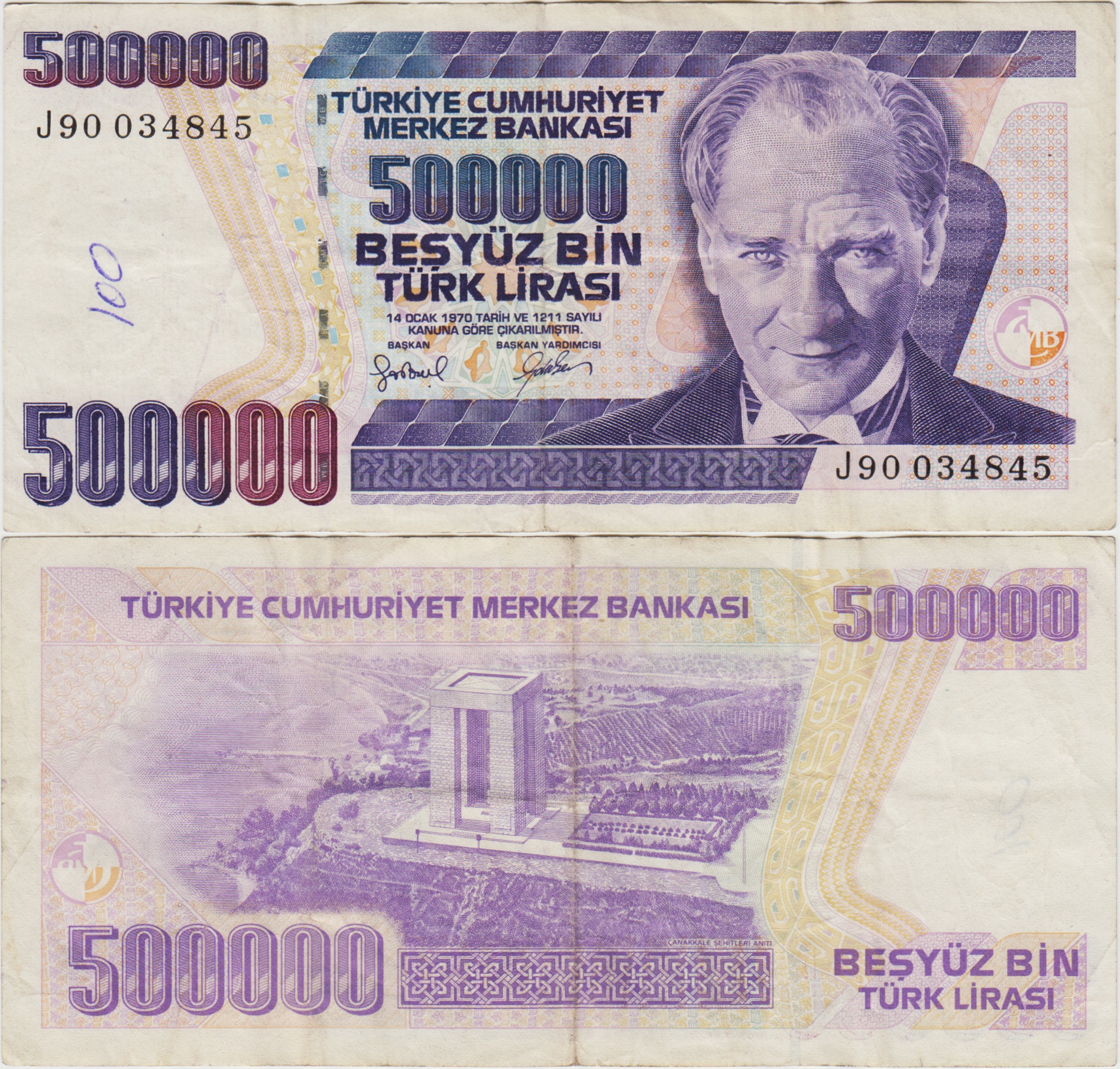 TÜRKİYE CUMHURİYETİ 7. EMİSYON 4. TERTİP 500.000 LİRA J90 SERİ SONU. ÇOK TEMİZ+