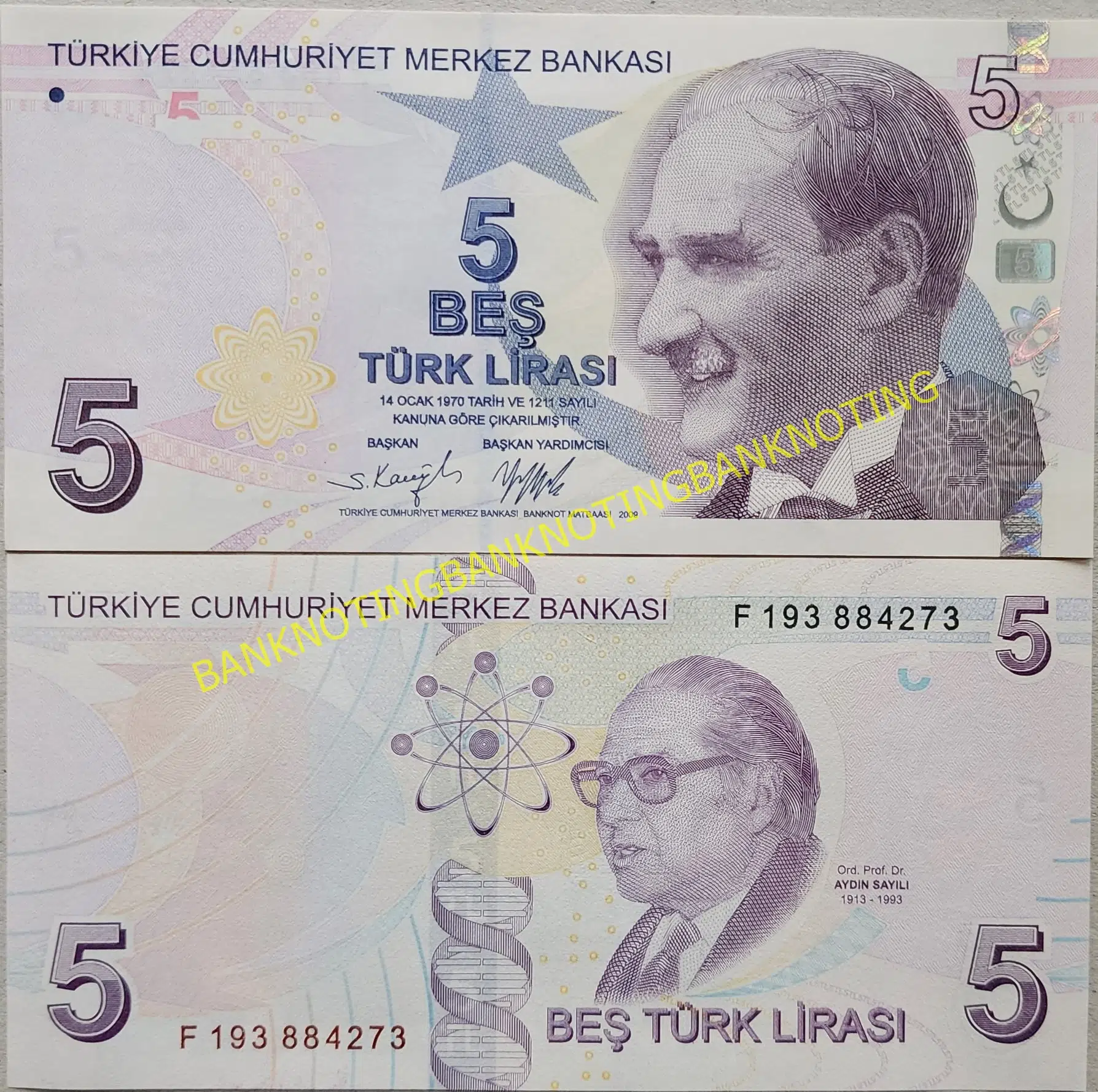TÜRKİYE CUMHURİYETİ 9. EMİSYON 5 LİRA F193 ÇİL.