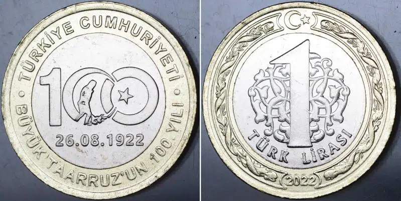 TÜRKİYE CUMHURİYETİ BÜYÜK TAARRUZ'UN 100. YILI HATIRA 1 LİRA 2022 ÇİL KONDİSYON.