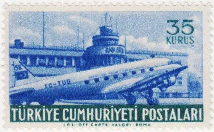 TÜRKİYE CUMHURİYETİ DAMGASIZ HAVA POSTA PULU 35 KURUŞ 1954. UÇAK - HAVACILIK TEMALI. MNH.