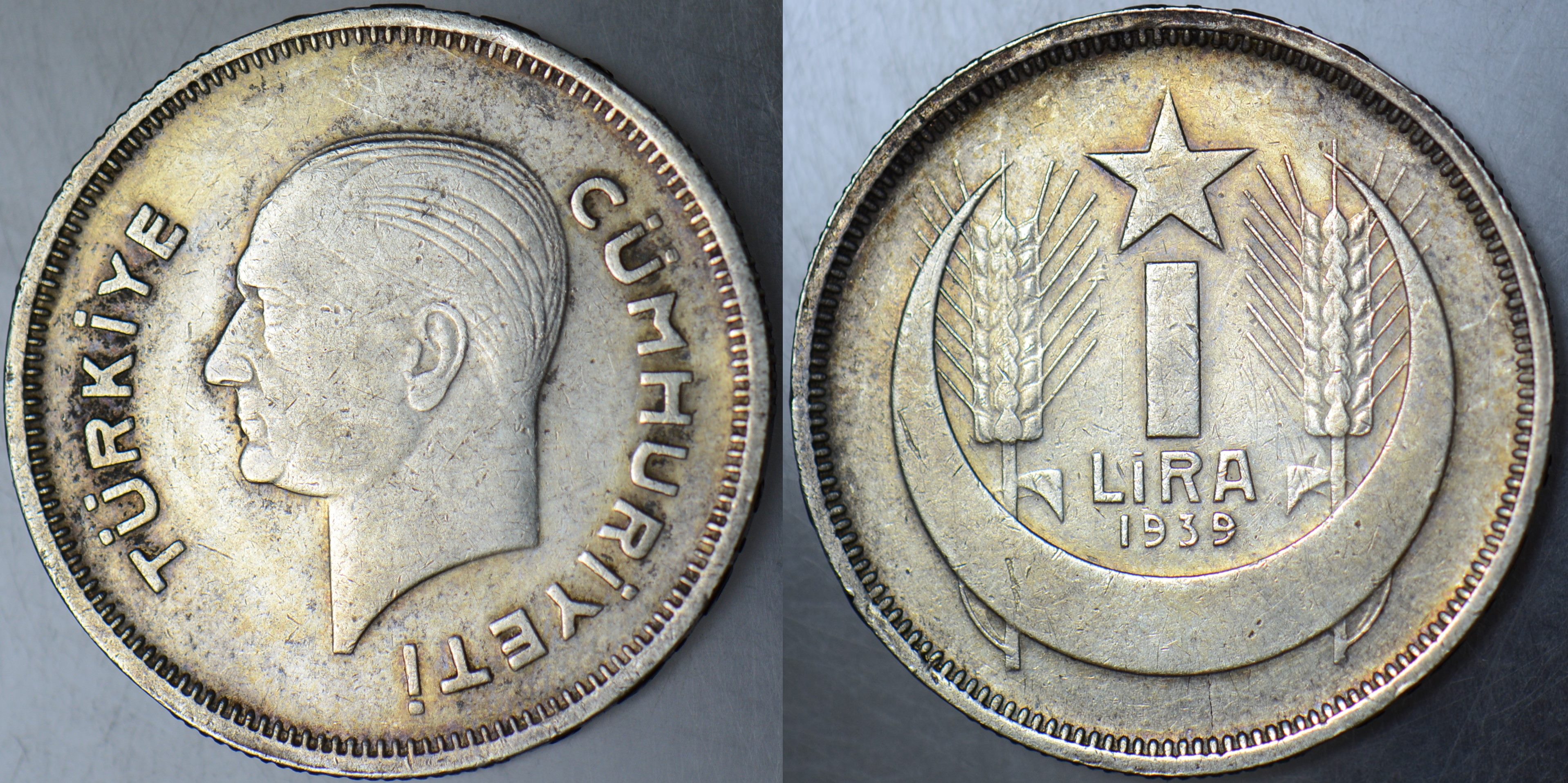 TÜRKİYE CUMHURİYETİ GÜMÜŞ 1 LİRA 1939 ATATÜRK 12 gram.