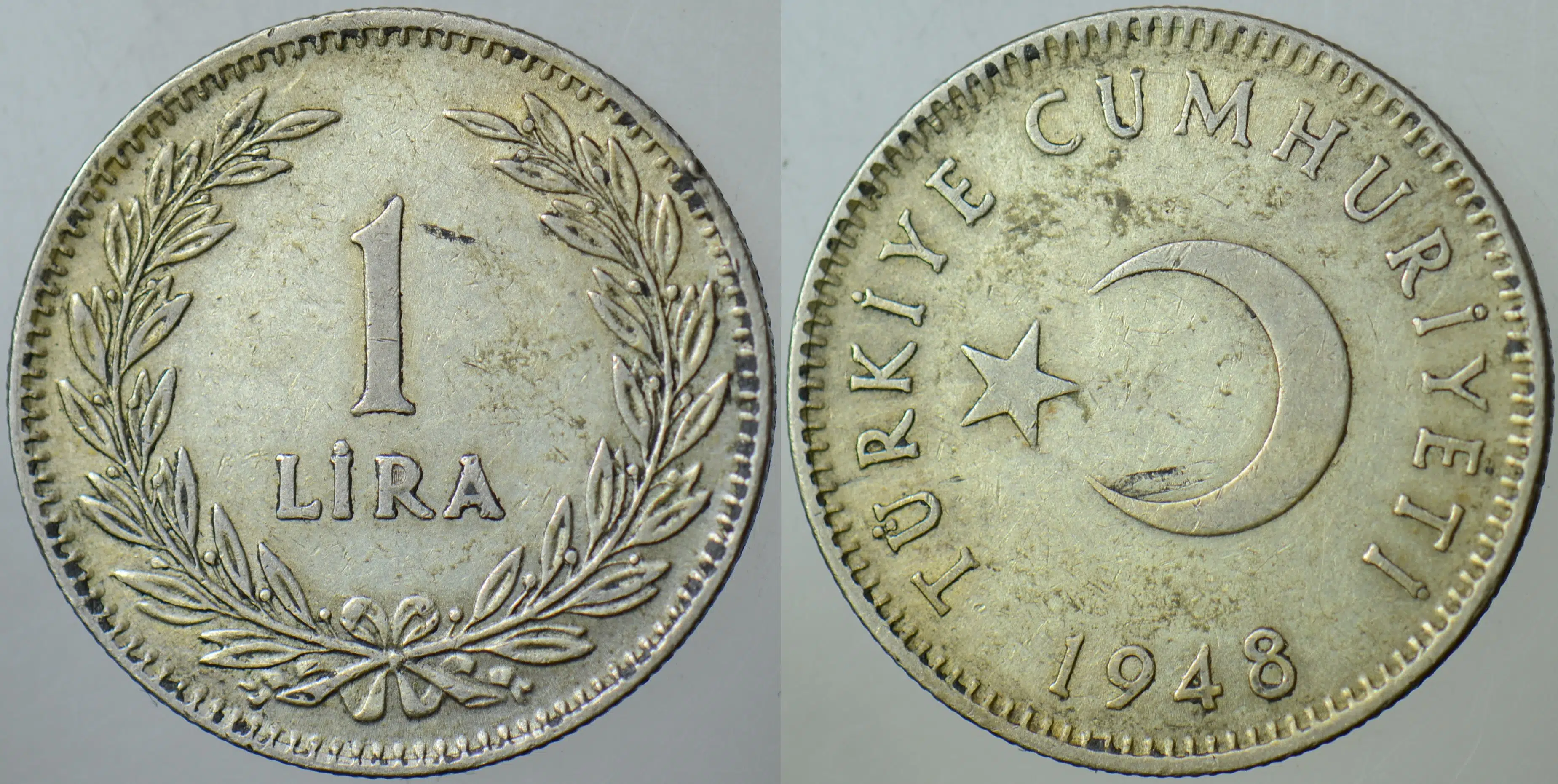 TÜRKİYE CUMHURİYETİ GÜMÜŞ 1 LİRA 1948 ÇİLALTI(-) KONDİSYON.