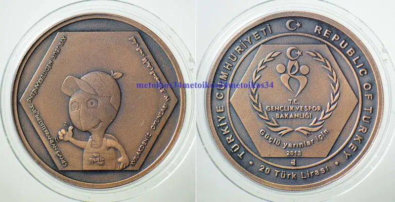 MERSİN XVII. AKDENİZ OYUNLARI HATIRA 20 LİRA 2013 BRONZ. 2000 BASKI. SERTİFİKASI YOK. ÇİL