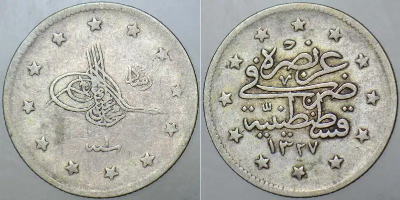 V. MEHMED REŞAD GÜMÜŞ 2 KURUŞ 1327/1. KOSTANTİNİYYE DARBI. OSMANLI İMPARATORLUĞU.