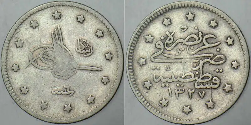 V. MEHMED REŞAD GÜMÜŞ 2 KURUŞ 1327/6. KOSTANTİNİYYE DARBI. OSMANLI İMPARATORLUĞU.