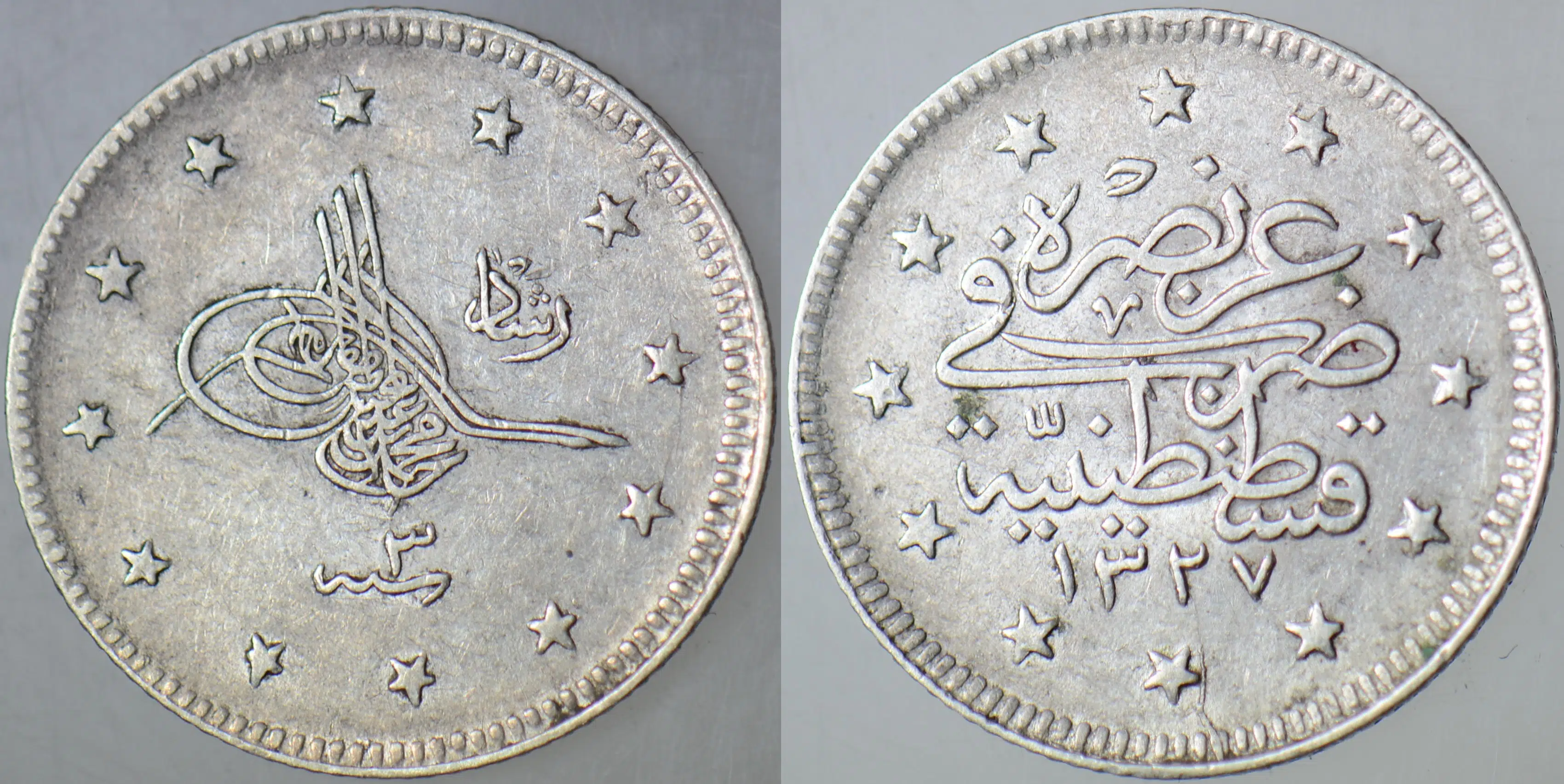 V. MEHMET REŞAT GÜMÜŞ 2 KURUŞ 1327/3 KOSTANTİNİYYE DARBI.