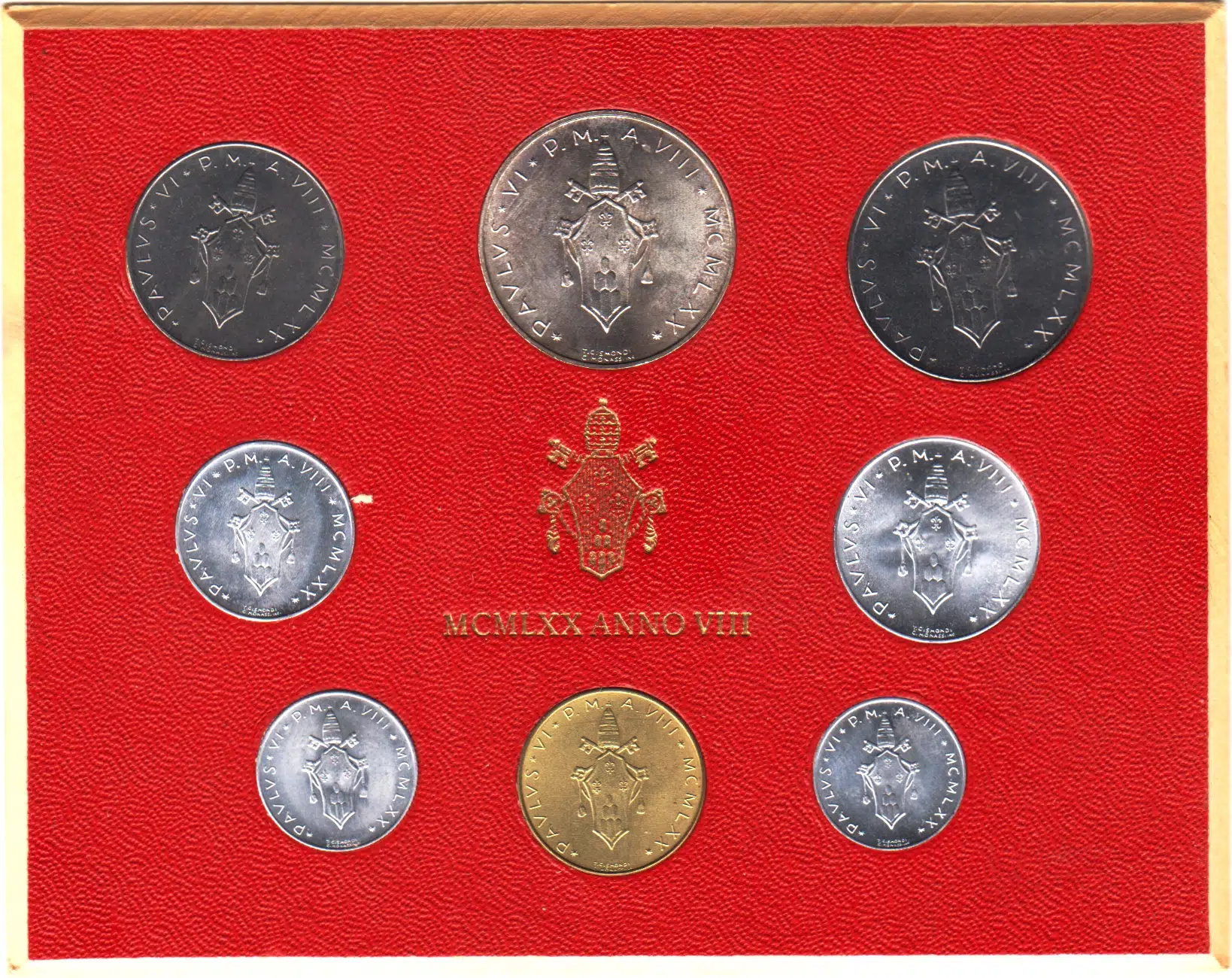 VATİKAN DARPHANE SETİ 1-500 LİRET 8 PARÇA 1970 PAPA 6. PAUL 8. SENE (500 LİRET 11 gr GÜMÜŞ). ÇİL