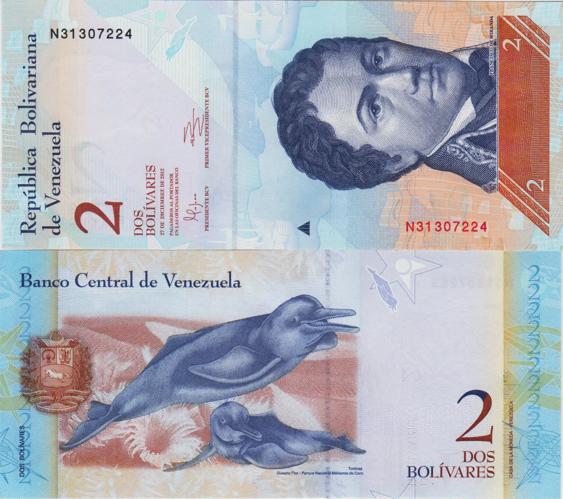 VENEZUELA 2 BOLİVAR 2012 AMAZON NEHİR YUNUSU TEMALI ÇİL.