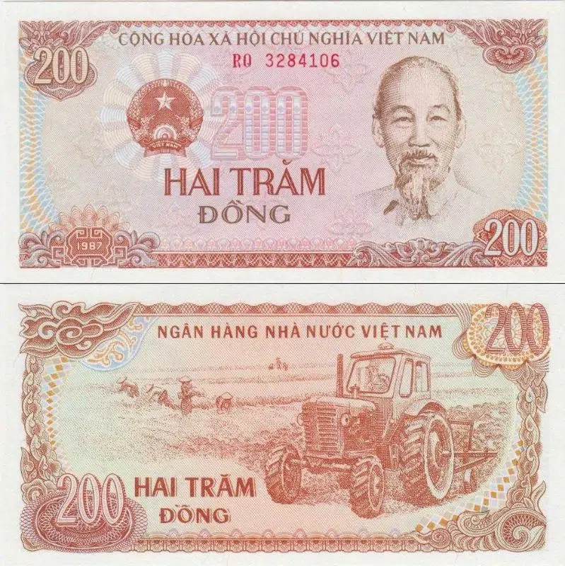VİETNAM 200 DONG 1987. HO CHİ MİNH VE TRAKTÖR GÖRSELLİ. ÇİL KONDİSYON.
