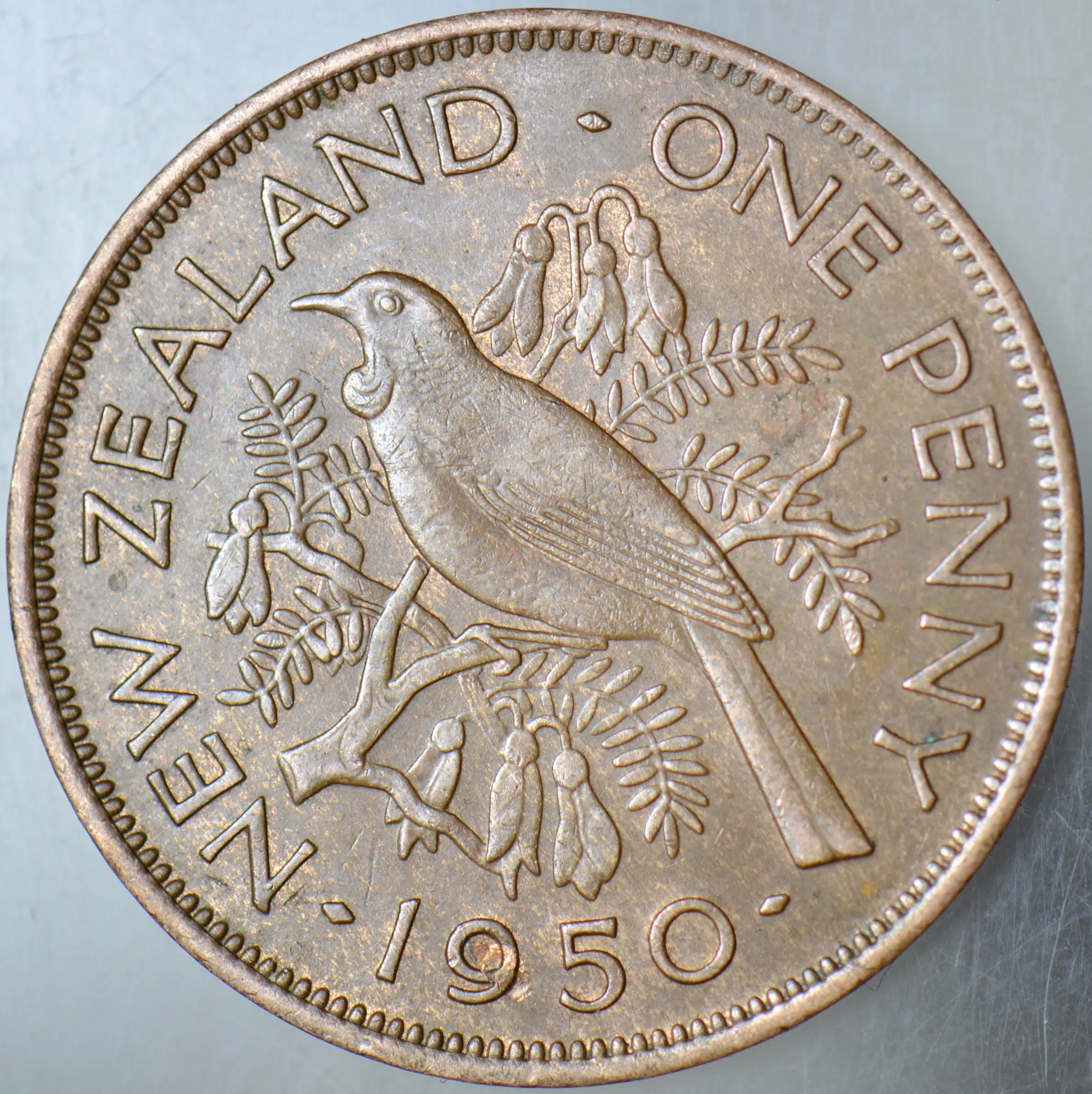 YENİ ZELANDA 1 PENNY 1950 KRAL 6. GEORGE-TUİ KUŞU. 31 mm BRONZ.