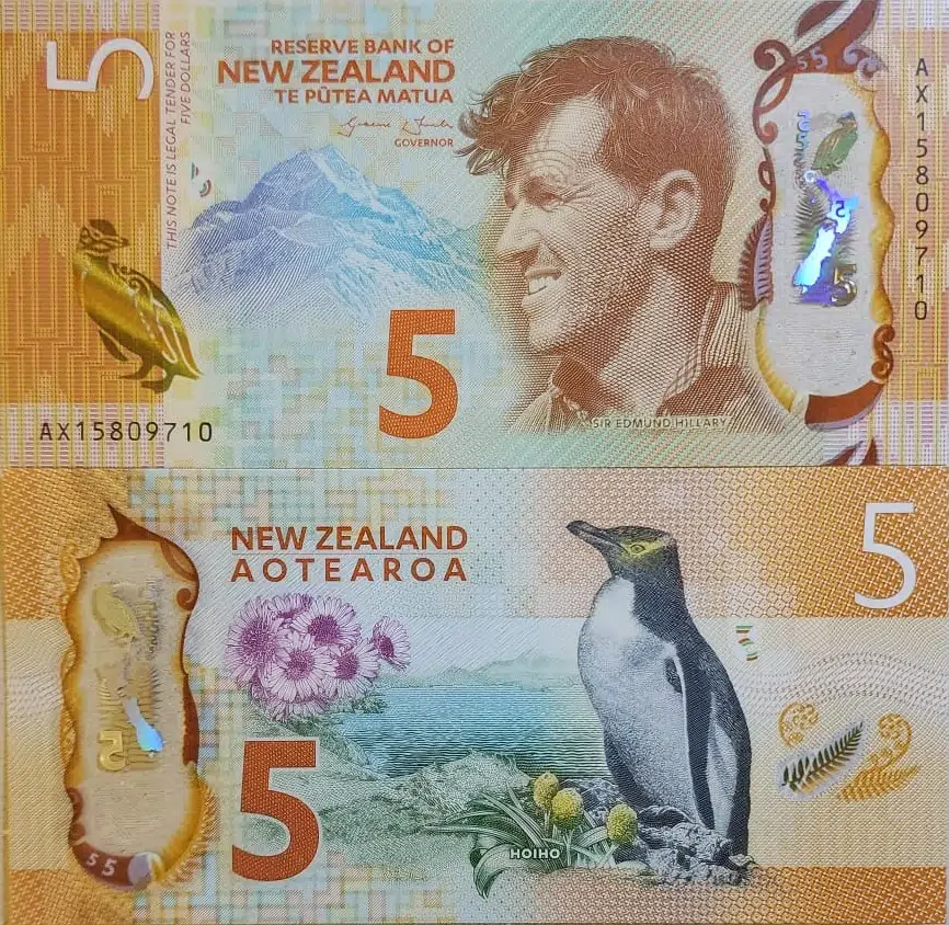 YENİ ZELANDA 5 DOLAR 2015 EVEREST'E ÇIKAN İLK İNSAN EDMUND HILLARY VE HOIHO PENGUENİ TEMALI. POLYMER ÇİL.