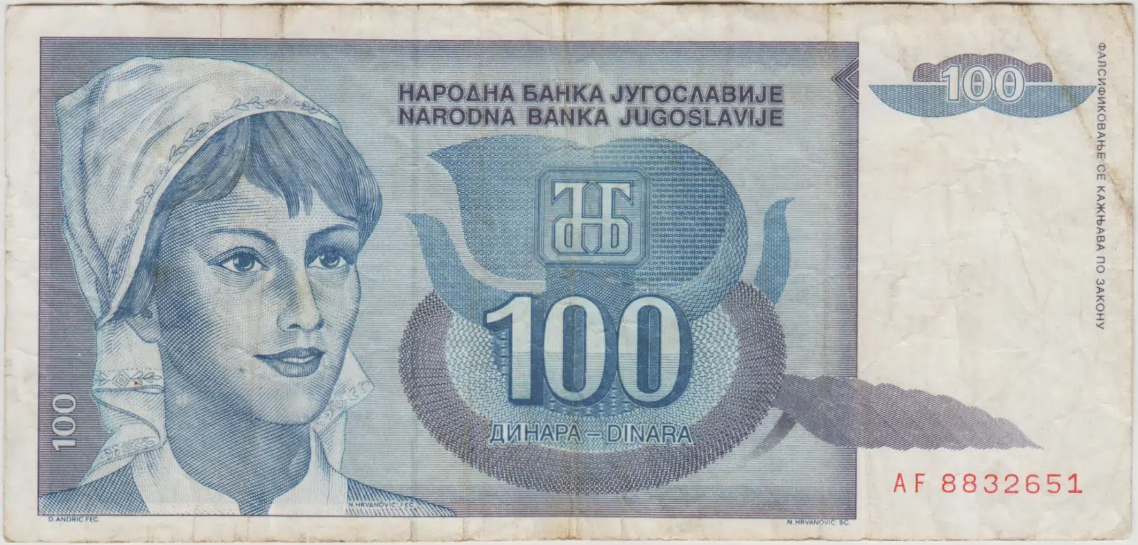 YUGOSLAVYA 100 DİNAR 1992 ÇOK TEMİZ.