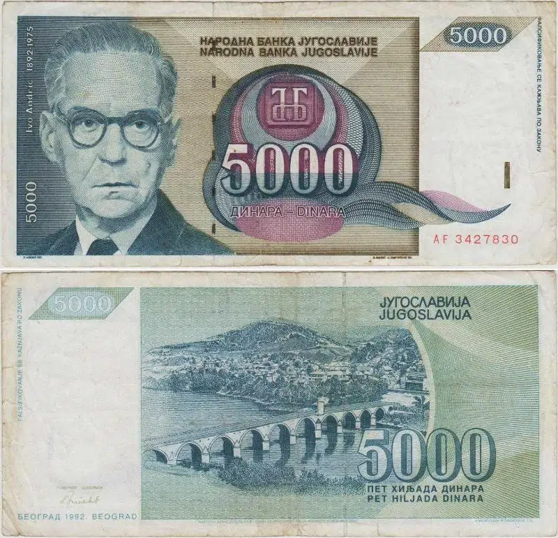 YUGOSLAVYA 5000 DİNAR 1992 ÇOK ÇOK TEMİZ(-) KONDİSYON.