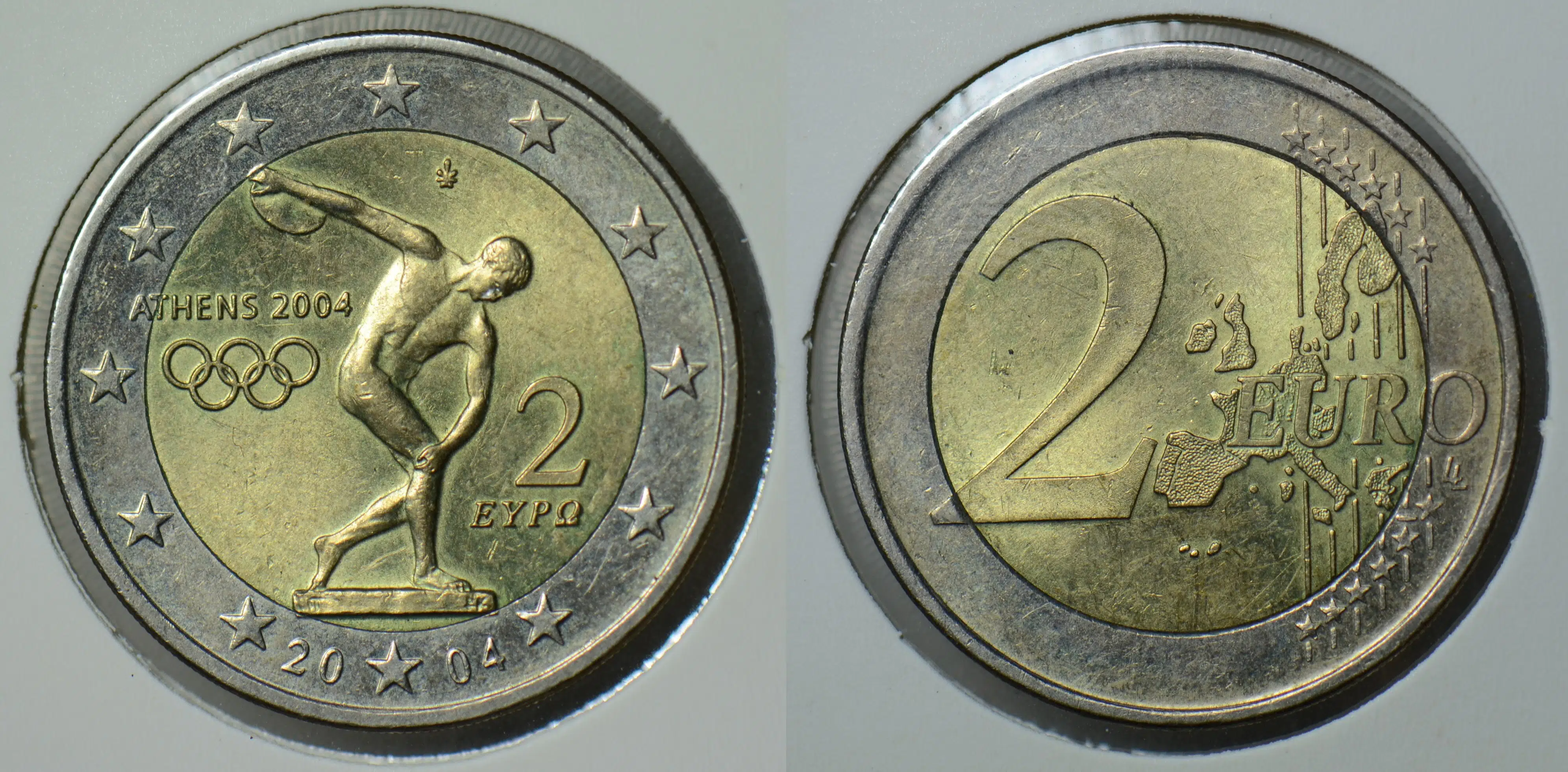 YUNANİSTAN 2 EURO 2004 HATIRA-OLİMPİYAT OYUNLARI-DİSK ATAN ADAM-DISKOBOLOS. KAPAMADA ÇİLALTI.