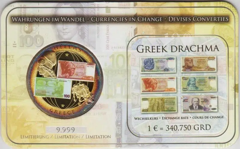 YUNANİSTAN EUROYA GEÇİŞ MADALYON. 9999 BASKI. 50 mm RENKLİ BASKI. ERONUN O HARFİNDE TAŞ. ÇİL.