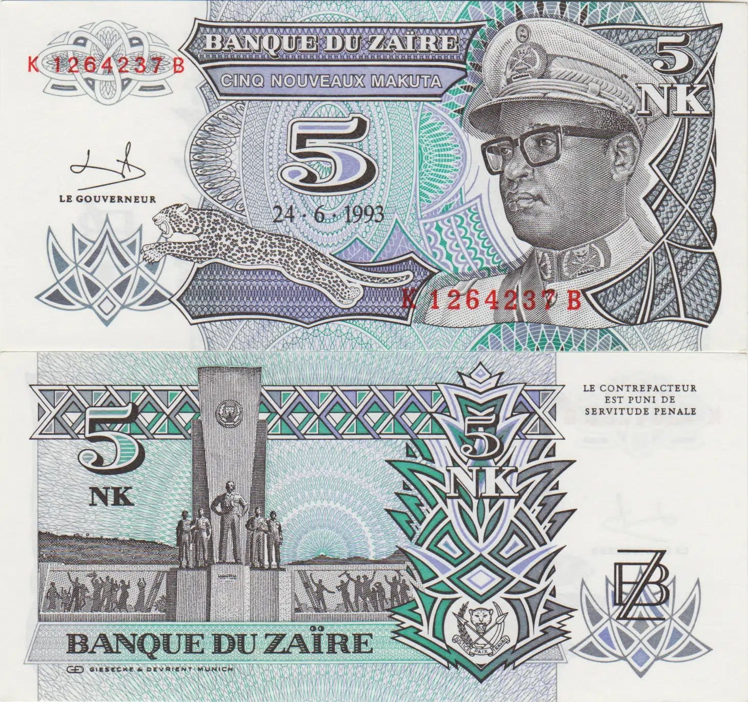 ZAİRE 5 LİKUTA 1993 GENERAL MOBUTU. ÇİL KONDİSYON.