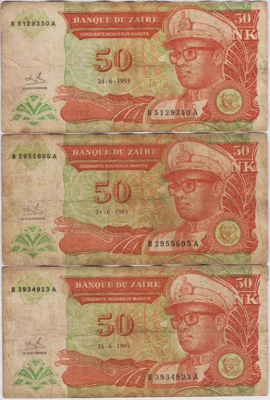 ZAİRE 50 YENİ MAKUTA 1993. (1 adet için fiyat) TEMİZ KONDİSYON.