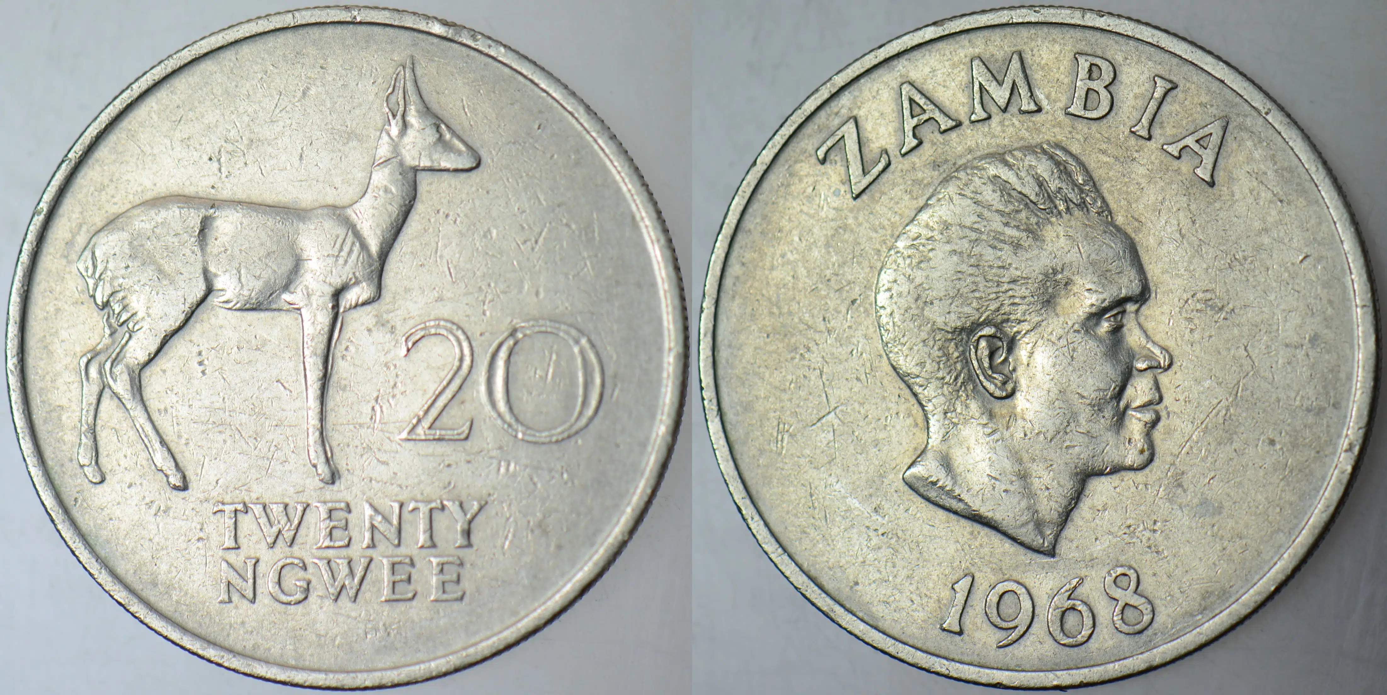 ZAMBİYA 20 NGWEE 1968 BU TİPİN BASILMAYA BAŞLANDIĞI İLK YIL.